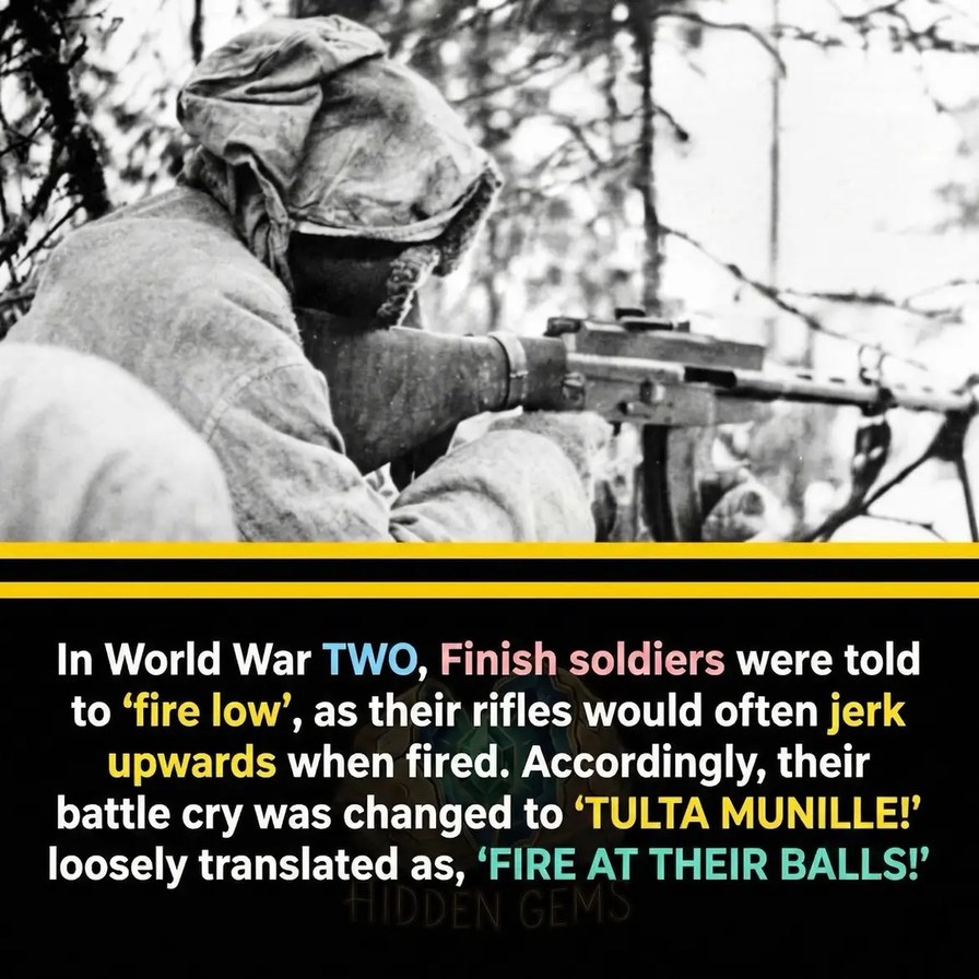 In World War TWO, Finish soldiers were told to 'fire low', as their rifles would often jerk upwards when fired. Accordingly, their battle cry was changed to 'TULTA MUNILLE!' loosely translated as, 'FIRE AT THEIR BALLS!' HIDDEN GEMS