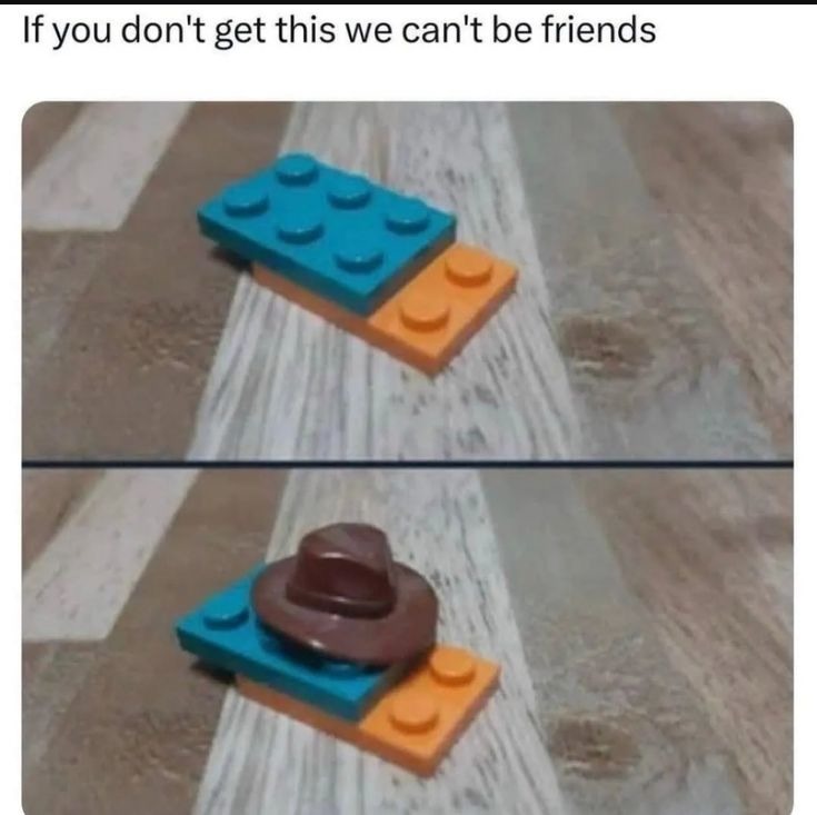 If you don't get this we can't be friends. This image depicts a blue LEGO brick on top of an orange LEGO brick, with a brown hat placed on the blue brick in the second panel. This is a visual pun representing Perry the Platypus, also known as Agent P, from the animated series Phineas and Ferb.