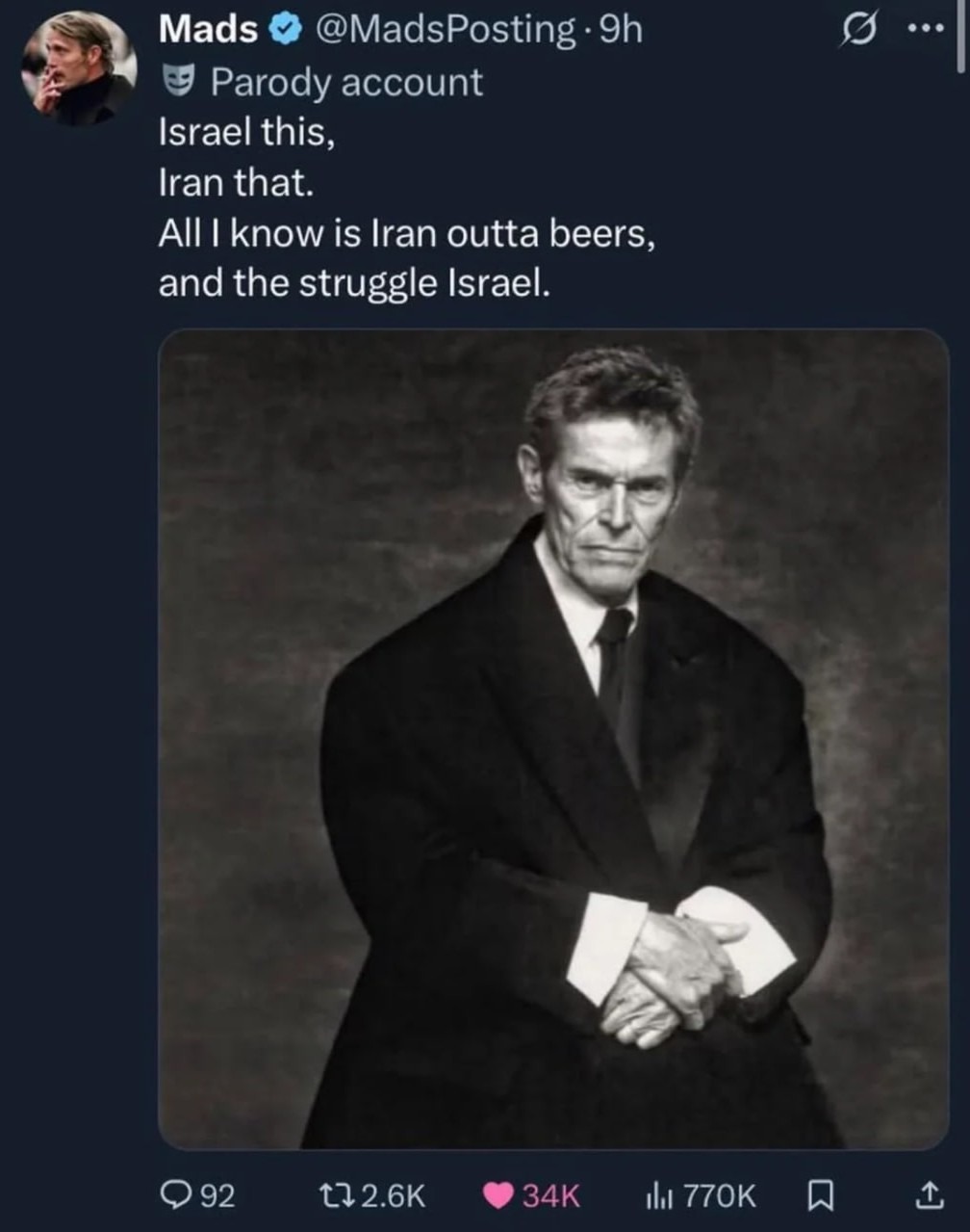 Parody account. Israel this, Iran that. All I know is Iran outta beers, and the struggle Israel.