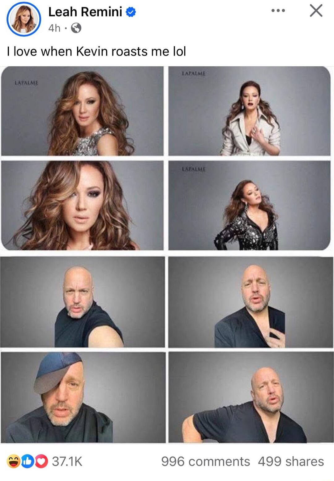 I love when Kevin roasts me lol. Leah Remini poses for a photoshoot, and Kevin James comically mimics her poses.