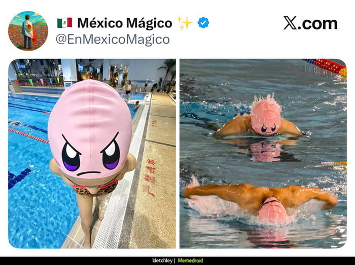 Una comparación humorística de gorros de natación. A la izquierda, una persona posa con un gorro de natación rosa con la cara de Kirby enojado, vistiendo un bikini. A la derecha, la misma persona o alguien similar nadando, donde el gorro se deforma por el agua, creando una expresión divertida y diferente.