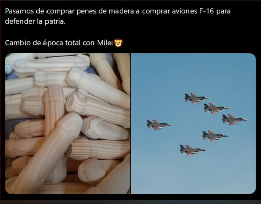 Pasamos de comprar penes de madera a comprar aviones F-16 para defender la patria. Cambio de época total con Milei 😼