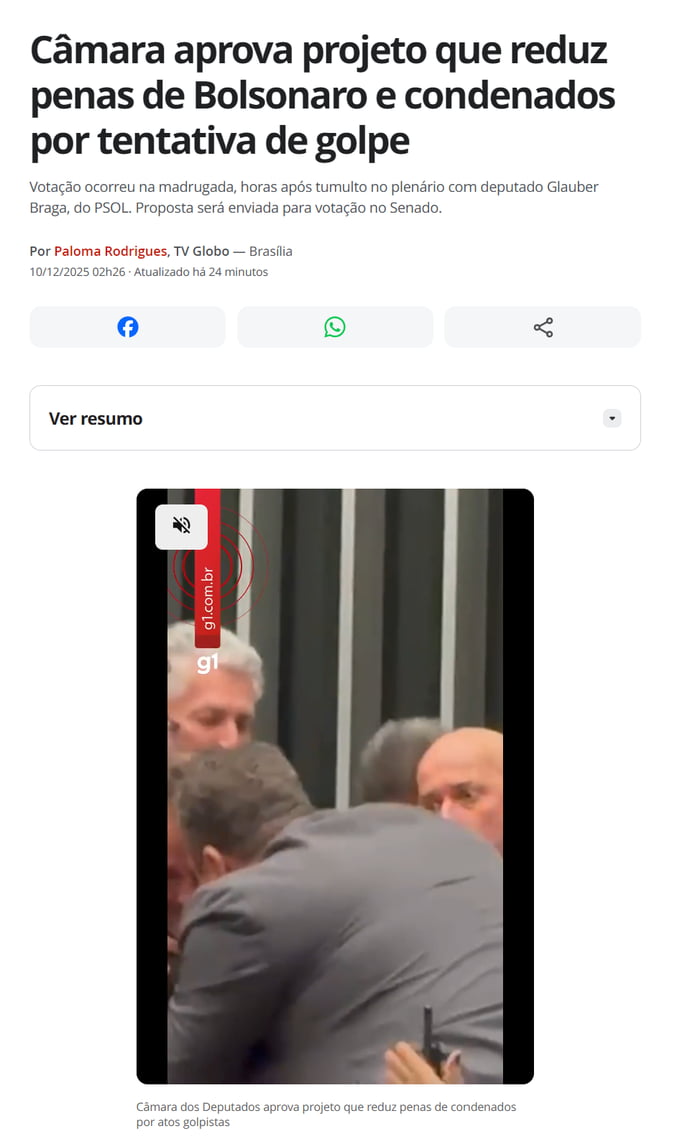Câmara aprova projeto que reduz penas de Bolsonaro e condenados por tentativa de golpe. Votação ocorreu na madrugada, horas após tumulto no plenário com deputado Glauber Braga, do PSOL. Proposta será enviada para votação no Senado. Ver resumo. Câmara dos Deputados aprova projeto que reduz penas de condenados por atos golpistas.