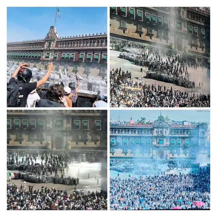 Manifestación masiva frente a un edificio gubernamental, posiblemente el Palacio Nacional en México. Se observa una gran multitud de personas, escudos de seguridad y presencia de humo o gas lacrimógeno en el aire. Hay fuerzas de seguridad y manifestantes.