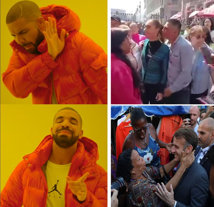 Drake rechaza un beso incómodo o no deseado y aprueba un abrazo cálido y genuino al presidente Macron.