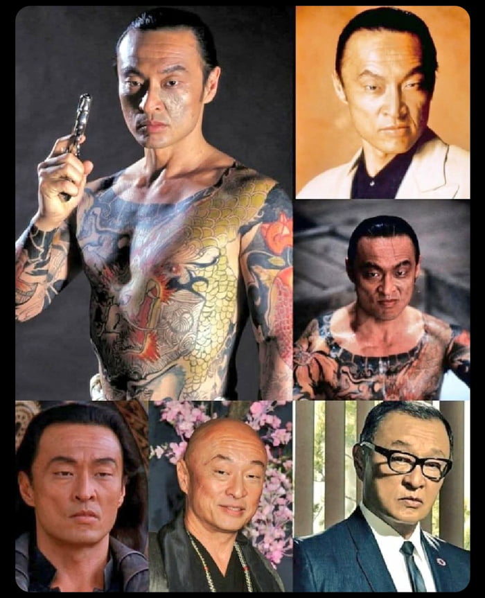 Colección de imágenes del actor Cary-Hiroyuki Tagawa en diferentes roles y etapas de su vida. Se le ve con tatuajes extensos en el torso y los brazos, sosteniendo un arma en una de las imágenes, y en otras con diferentes peinados y vestimentas, incluyendo un traje y gafas.