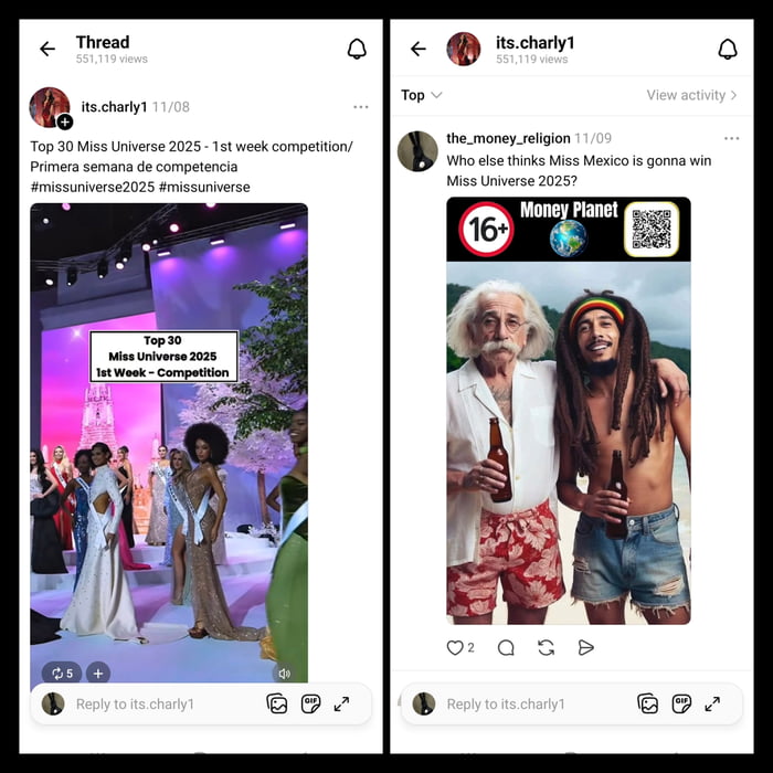 Concurso de Miss Universo 2025, primera semana de competencia. Un usuario pregunta quién cree que ganará Miss México, acompañado de una imagen humorística con un hombre mayor y otro joven con rastas bebiendo cerveza en la playa, con la etiqueta '16+' y 'Money Planet'.