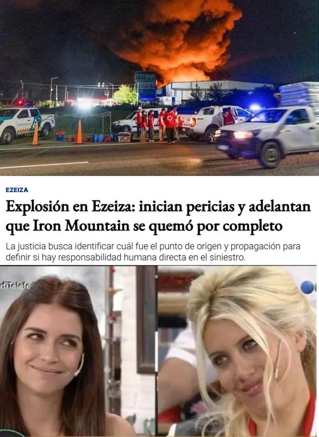 EZEIZA Explosión en Ezeiza: inician pericias y adelantan que Iron Mountain se quemó por completo. La justicia busca identificar cuál fue el punto de origen y propagación para definir si hay responsabilidad humana directa en el siniestro. Dos mujeres miran con expresiones de incredulidad o sarcasmo.
