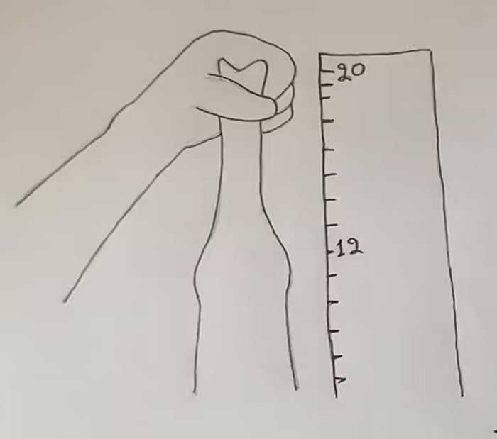 Mão segurando objeto fálico com régua de medição ao lado, mostrando 20 e 12.