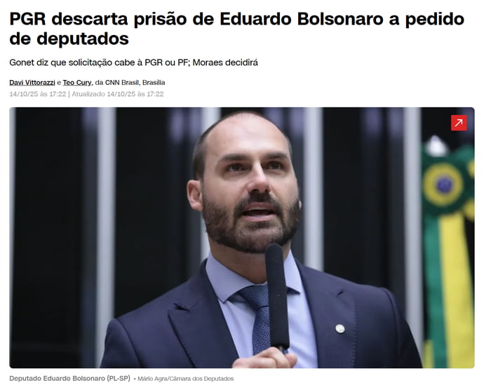 PGR descarta prisão de Eduardo Bolsonaro a pedido de deputados. Gonet diz que solicitação cabe à PGR ou PF; Moraes decidirá. Deputado Eduardo Bolsonaro (PL-SP).