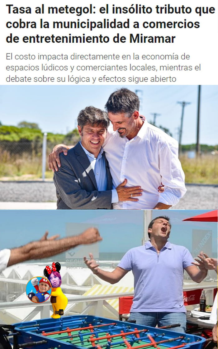 Tasa al metegol: el insólito tributo que cobra la municipalidad a comercios de entretenimiento de Miramar. El costo impacta directamente en la economía de espacios lúdicos y comerciantes locales, mientras el debate sobre su lógica y efectos sigue abierto. En la parte superior, dos hombres sonríen y se abrazan. En la parte inferior, un hombre reacci