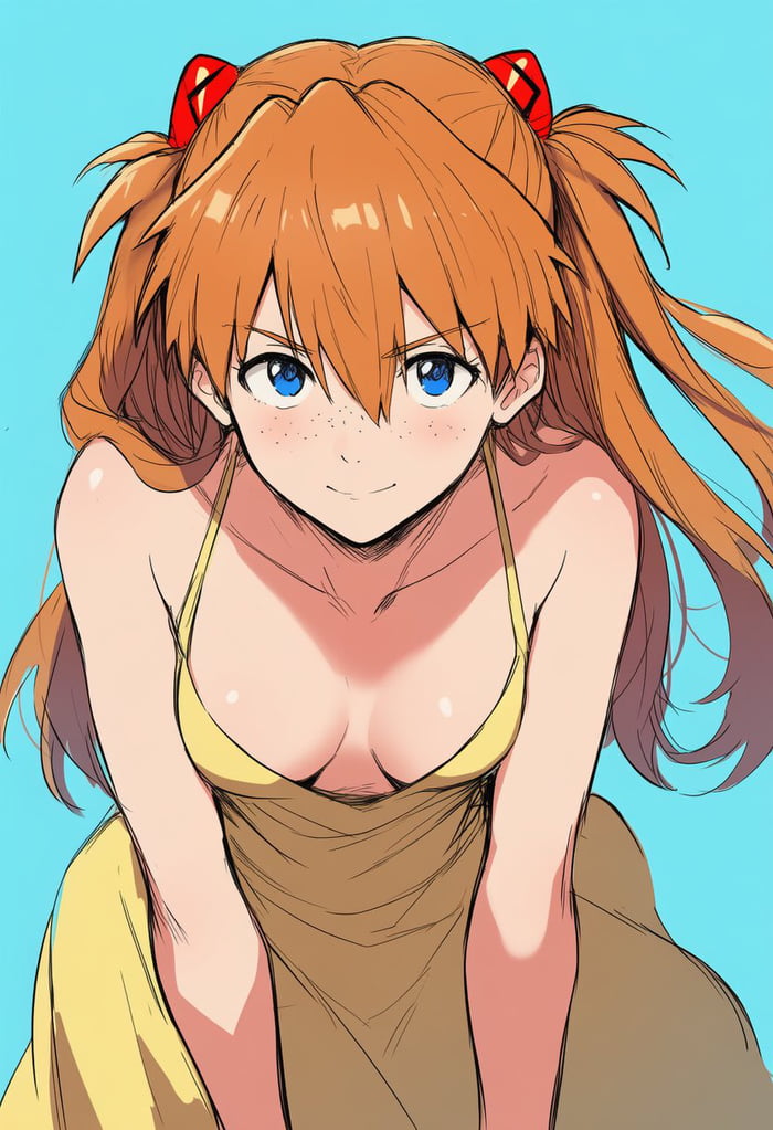 Una chica de anime con cabello naranja, coletas y ojos azules, sonriendo. Lleva un top amarillo y una falda marrón, mostrando escote.