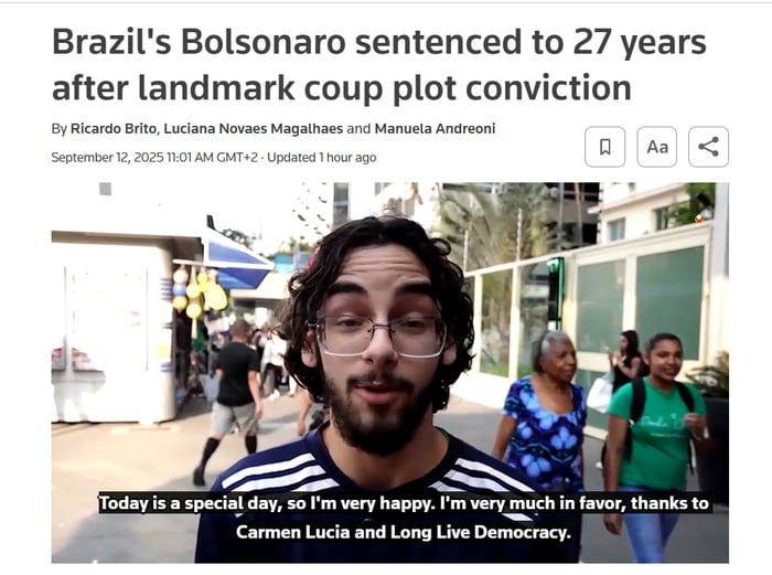 Bolsonaro do Brasil condenado a 27 anos após condenação histórica por conspiração de golpe. Hoje é um dia especial, então estou muito feliz. Sou muito a favor, obrigado a Carmen Lúcia e Viva a Democracia.
