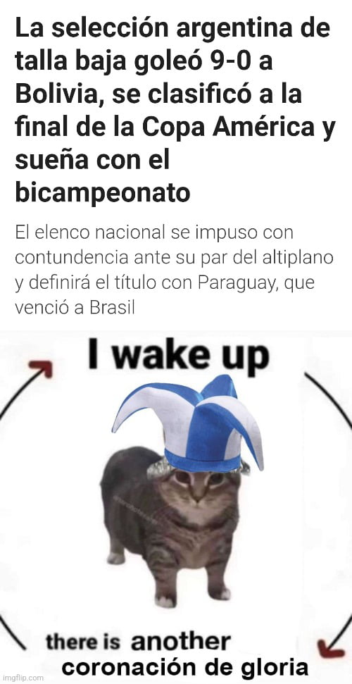 La selección argentina de talla baja goleó 9-0 a Bolivia, se clasificó a la final de la Copa América y sueña con el bicampeonato. El elenco nacional se impuso con contundencia ante su par del altiplano y definirá el título con Paraguay, que venció a Brasil. I wake up, there is another coronación de gloria.