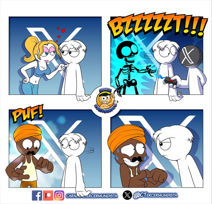 Una mujer rubia coquetea con un hombre. Otro hombre con una 'X' en la cara lo 'electrocute' con un dispositivo, convirtiéndolo en un esqueleto. BZZZZZT!!! Luego, el hombre se transforma en un hombre de piel oscura con turbante y bigote. PUF! El hombre transformado parece nervioso y sudoroso, mientras el hombre original lo mira con desaprobación.