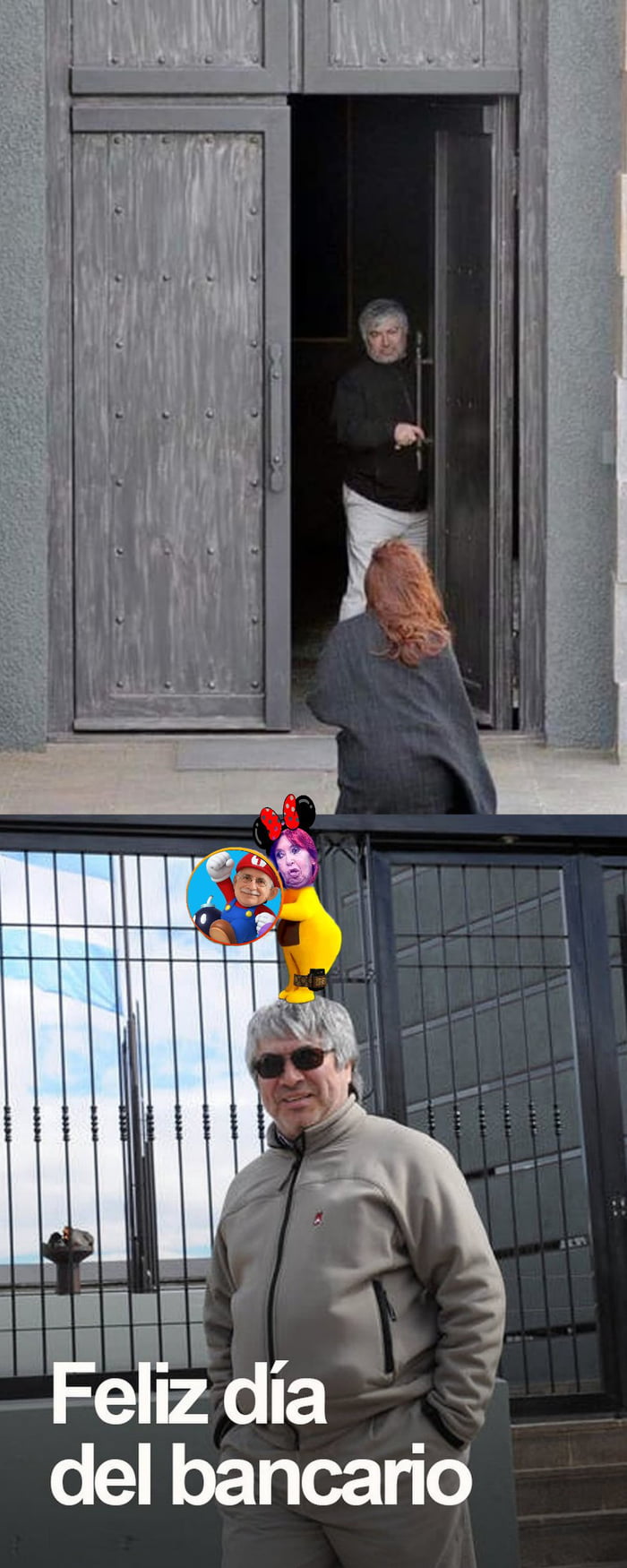 Feliz día del bancario. La imagen muestra a un hombre de cabello gris y barba, en una situación que parece ser una foto de paparazzi, y luego en otra toma con gafas de sol. Sobre su cabeza se han superpuesto imágenes de dibujos animados, incluyendo un personaje amarillo con orejas de Minnie Mouse y la cara de una mujer, y un círculo con un hombre v