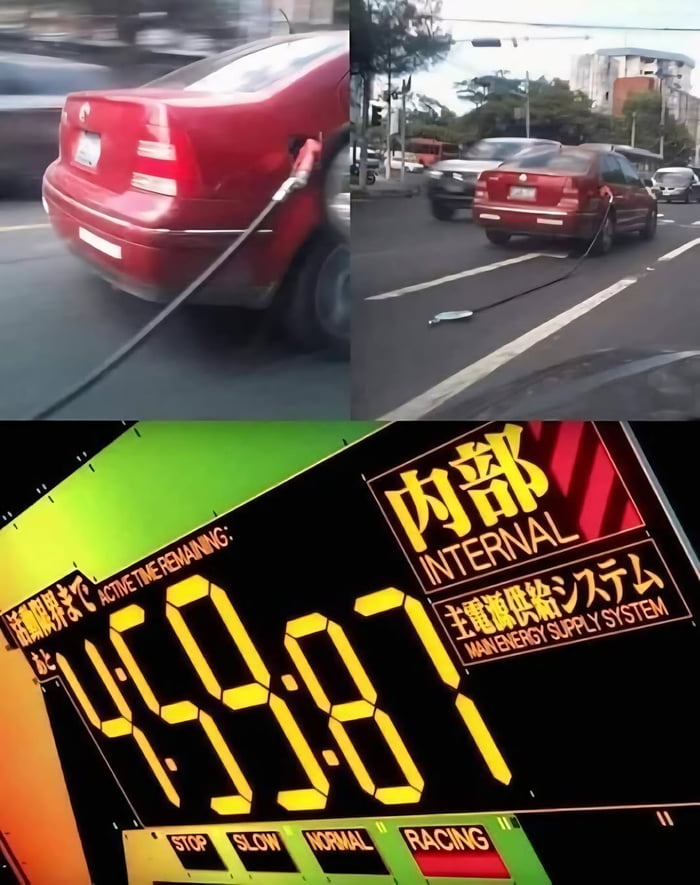Un coche rojo se aleja de una gasolinera con la manguera de combustible todavía conectada y arrastrándola por la carretera. En la parte inferior, una pantalla digital muestra un temporizador de cuenta regresiva con el texto 'TIEMPO ACTIVO RESTANTE: 4:59:87', 'INTERNO' y 'SISTEMA DE SUMINISTRO DE ENERGÍA PRINCIPAL', junto con botones que dicen 'PARA