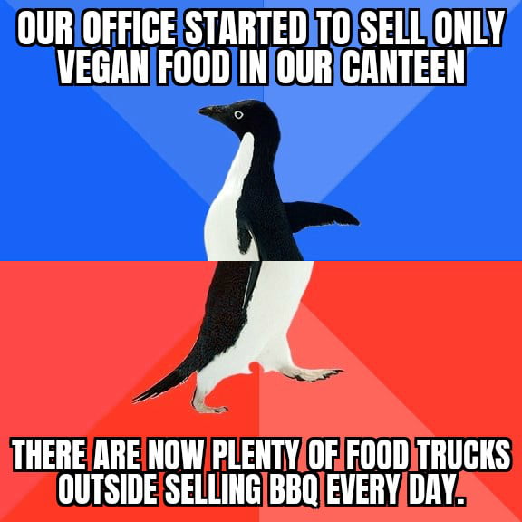 Nuestra oficina empezó a vender solo comida vegana en nuestra cantina. Ahora hay muchos camiones de comida afuera vendiendo barbacoa todos los días.