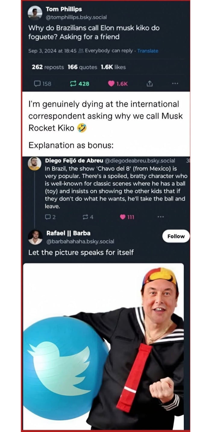 Por que os brasileiros chamam Elon Musk de Kiko do Foguete? Perguntando para um amigo. Estou morrendo de rir com o correspondente internacional perguntando por que chamamos Musk de Kiko Foguete 😂. Explicação como bônus: No Brasil, o programa 'Chavo del 8' (do México) é muito popular. Há um personagem mimado e birrento que é conhecido por cenas clás