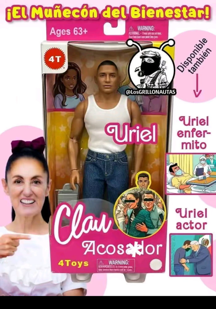 ¡EL Muñecón del Bienestar! Ages 63+. Uriel. Clau Acosador. 4Toys. WARNING: choking hazard. Disponible también: Uriel enfermo, Uriel actor. @LosGRILLONAUTAS.