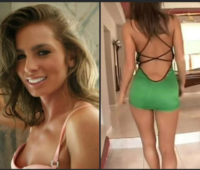 Una mujer sonriente en un sujetador rosa claro y otra imagen de la misma mujer de espaldas con un vestido verde corto y ajustado.