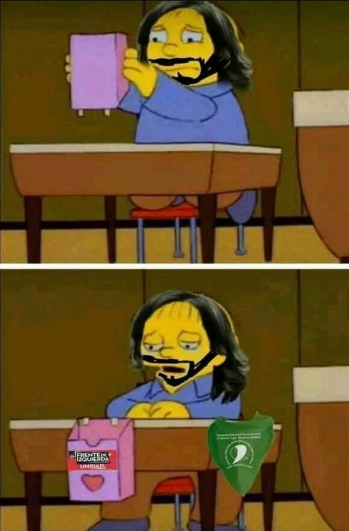 El personaje, una versión de Lisa Simpson con barba y pelo largo, sostiene una caja rosa con la inscripción 