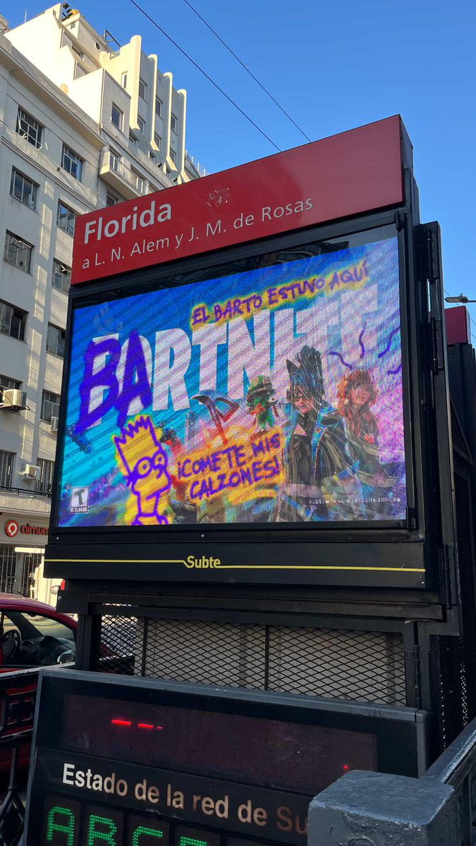 Florida a L. N. Alem y J. M. de Rosas. EL BARTO ESTUVO AQUÍ. BARTNITE. ¡COMETE MIS CALZONES! Subte. Estado de la red de Subte.