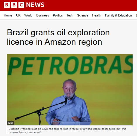 BBC NOTÍCIAS Início Reino Unido Mundo Negócios Política Tecnologia Ciência Saúde Família & Educação Brasil concede licença de exploração de petróleo na região amazônica PETROBRAS EPA O presidente brasileiro Lula da Silva disse que era a favor de um mundo sem combustíveis fósseis, mas 