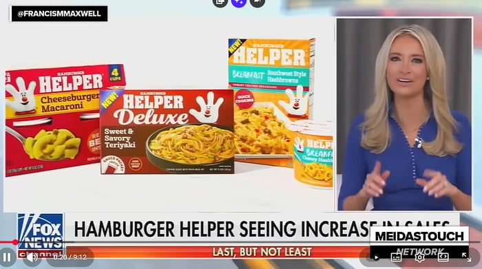 Una presentadora de noticias informa sobre el aumento en las ventas de los productos Hamburger Helper. En pantalla se muestran varias cajas de productos Hamburger Helper, incluyendo 'Macarrones con queso Helper', 'Helper Deluxe Teriyaki dulce y salado', 'Desayuno Helper Hashbrowns estilo suroeste' y 'Desayuno Helper Hashbrowns con queso'. El titula