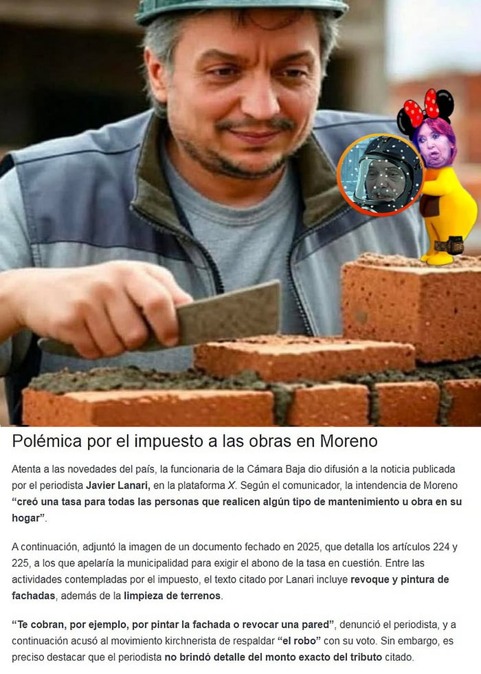 Polémica por el impuesto a las obras en Moreno. Atenta a las novedades del país, la funcionaria de la Cámara Baja dio difusión a la noticia publicada por el periodista Javier Lanari, en la plataforma X. Según el comunicador, la intendencia de Moreno “creó una tasa para todas las personas que realicen algún tipo de mantenimiento u obra en su hogar”.