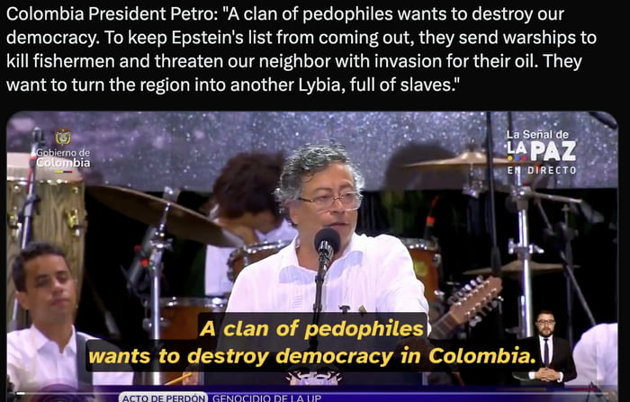 Gobierno de Colombia. La Señal de LA PAZ EN DIRECTO. Acto de Perdón Genocidio de la UP. El presidente de Colombia, Gustavo Petro, afirma: 