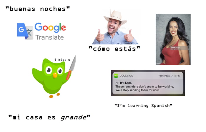 buenas noches. cómo estás. te mato. mi casa es grande. ¡Hola! Soy Duo. Parece que estos recordatorios no funcionan. Dejaremos de enviarlos por ahora. Estoy aprendiendo español.