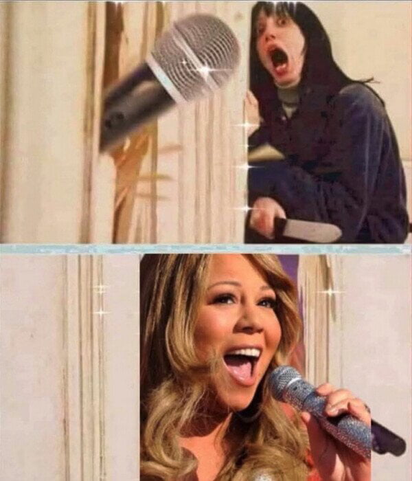 Una parodia de la famosa escena de 'El Resplandor' donde un micrófono reemplaza el hacha, y la expresión de terror de Wendy Torrance se compara con la de Mariah Carey cantando apasionadamente.