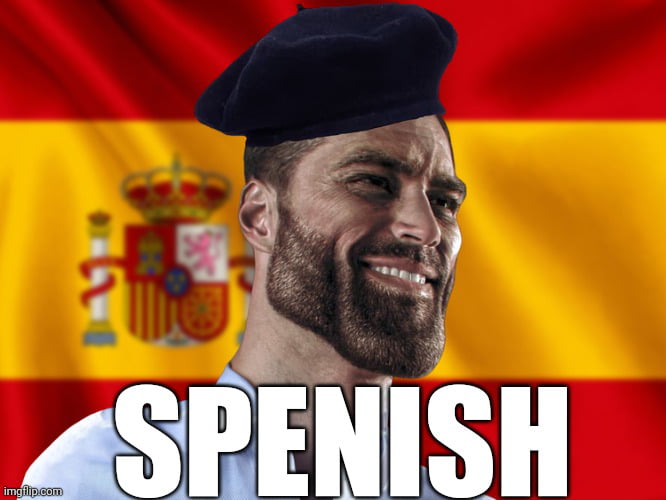 SPENISH (texto en pantalla, una versión humorística o intencionalmente mal escrita de 'Spanish')