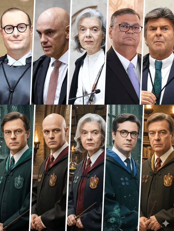 Uma colagem de dez retratos. Na fila de cima, cinco indivíduos em trajes formais, possivelmente juízes ou políticos. Na fila de baixo, os mesmos cinco indivíduos são retratados em vestes de Hogwarts, segurando varinhas, como personagens de Harry Potter.