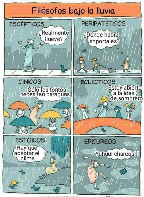 Filósofos bajo la lluvia. Escépticos: ¿Realmente llueve? Peripatéticos: ¿Dónde habrá soportales? Cínicos: Sólo los tontos necesitan paraguas. Eclécticos: Estoy abierto a la idea de sombrero. Estoicos: Hay que aceptar el clima. Epicúreos: Yuhuu! charcos!!