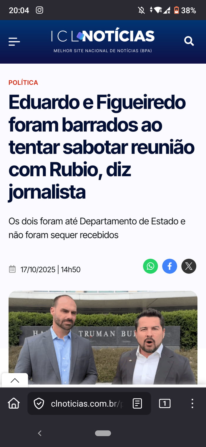 ICL NOTÍCIAS MELHOR SITE NACIONAL DE NOTÍCIAS (BPA) POLÍTICA Eduardo e Figueiredo foram barrados ao tentar sabotar reunião com Rubio, diz jornalista. Os dois foram até Departamento de Estado e não foram sequer recebidos. 17/10/2025 | 14h50.