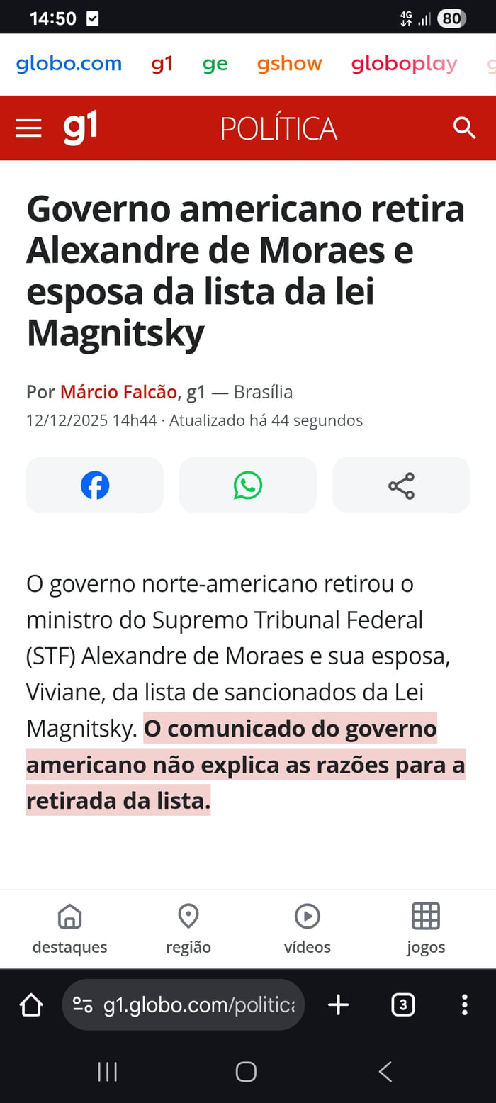 Governo americano retira Alexandre de Moraes e esposa da lista da lei Magnitsky. Por Márcio Falcão, g1 - Brasília. 12/12/2025 14h44. Atualizado há 44 segundos. O governo norte-americano retirou o ministro do Supremo Tribunal Federal (STF) Alexandre de Moraes e sua esposa, Viviane, da lista de sancionados da Lei Magnitsky. O comunicado do governo am