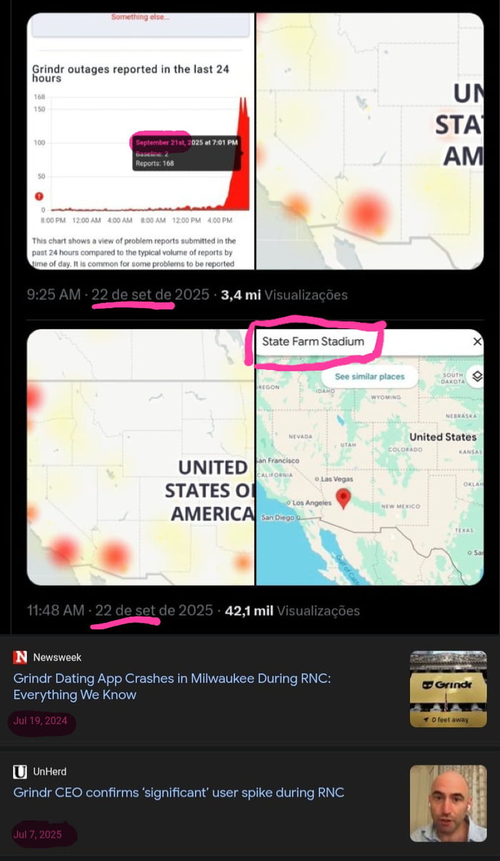 Algo mais... Grindr outages reported in the last 24 hours. Setembro 21, 2025 às 7:01 PM. Linha de base: 2. Relatórios: 168. Este gráfico mostra uma visão dos relatórios de problemas enviados nas últimas 24 horas em comparação com o volume típico de relatórios por hora do dia. É comum que alguns problemas sejam relatados. UN STA AM. UNITED STATES OF