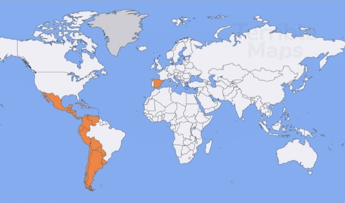 Mapa mundial con países de habla hispana resaltados en naranja. Se observa una marca de agua 'Terrible Maps'.