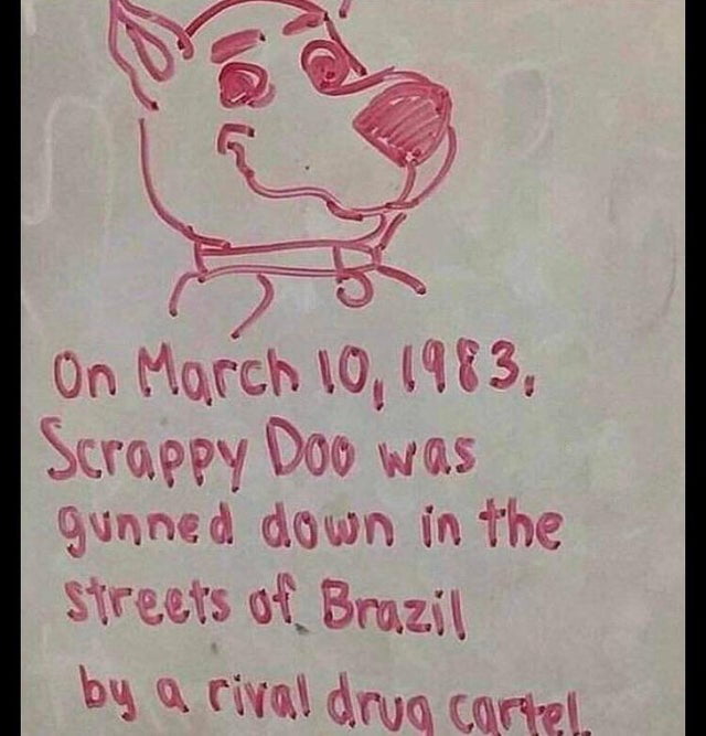 Em 10 de março de 1983, Scrappy Doo foi baleado nas ruas do Brasil por um cartel de drogas rival!