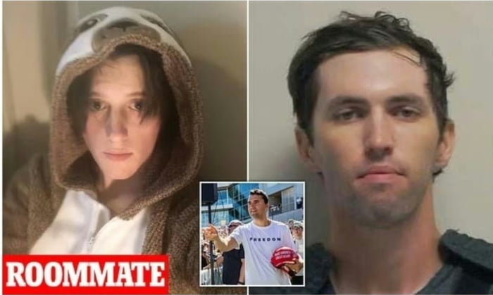 ROOMMATE. A imagem mostra uma pessoa em um moletom de preguiça, um homem em uma foto de ficha policial e um homem em uma camiseta com a palavra 'FREEDOM'.