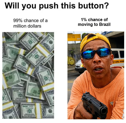 Você apertaria este botão? 99% de chance de um milhão de dólares. 1% de chance de se mudar para o Brasil.