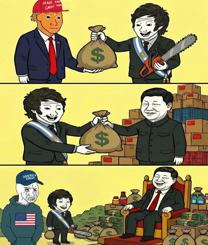 En el primer panel, un personaje que se asemeja a Donald Trump, con una gorra que dice 'MAKE AMERICA GREAT AGAIN', entrega una bolsa de dinero a un personaje que representa a Javier Milei, quien lleva una banda presidencial argentina y sostiene una motosierra. En el segundo panel, el personaje de Milei entrega la misma bolsa de dinero a un personaj