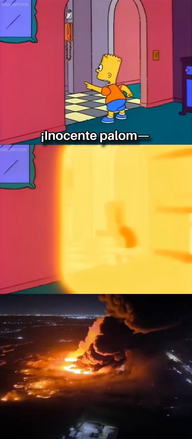 ¡Inocente palom— Bart Simpson señala, seguido de un destello brillante y una vista aérea de un incendio masivo con humo.