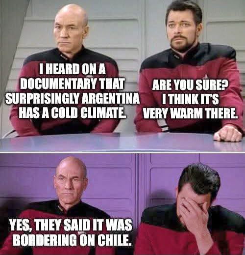 Escuché en un documental que, sorprendentemente, Argentina tiene un clima frío. ¿Estás seguro? Creo que hace mucho calor allí. Sí, dijeron que estaba 'bordering on Chile'.