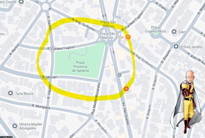 Praça Província de Saitama, Praça São Marcos, R. Oquirá, R. Murupi, R. Murajuba, R. Cardeal Cagliori, R. Eng. Sá Rocha, Rua Madre Mazarello, Av. São Gualter, R. Boquim, R. Aldo de Azar, Praça Eugênio Mota, R. Pianú, R. Berlioz. O personagem Saitama do anime One-Punch Man está presente no mapa.