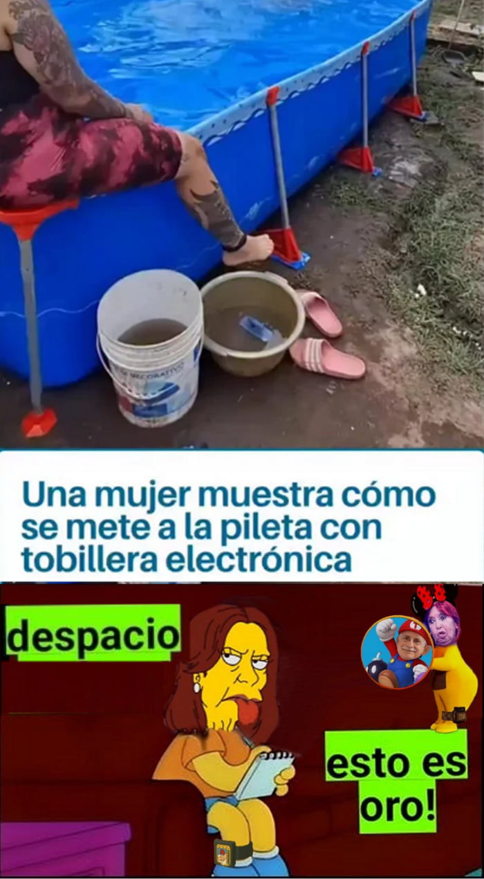 Una mujer muestra cómo se mete a la pileta con tobillera electrónica. Despacio. ¡Esto es oro!