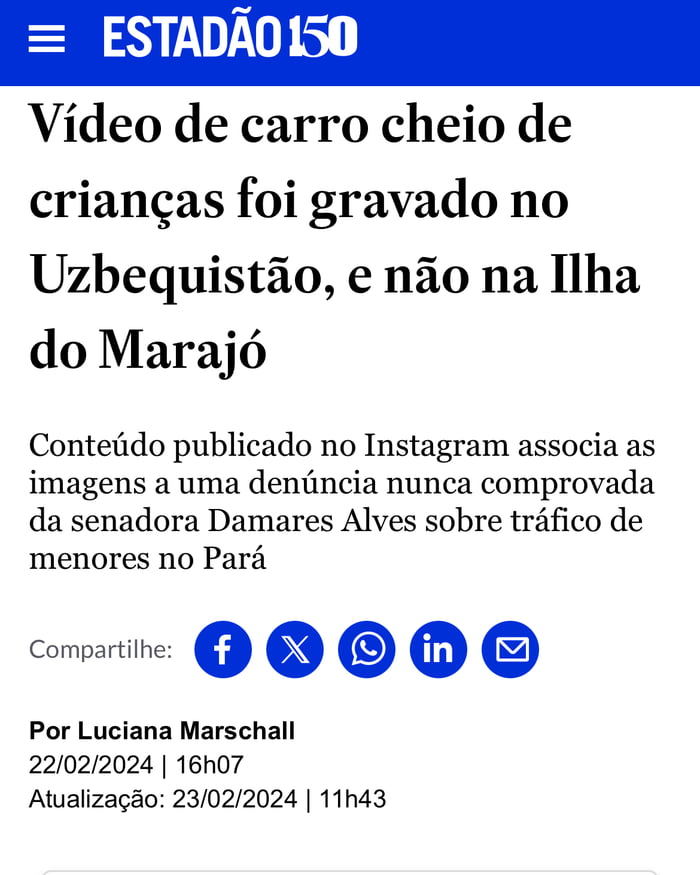 Vídeo de carro cheio de crianças foi gravado no Uzbequistão, e não na Ilha do Marajó. Conteúdo publicado no Instagram associa as imagens a uma denúncia nunca comprovada da senadora Damares Alves sobre tráfico de menores no Pará.