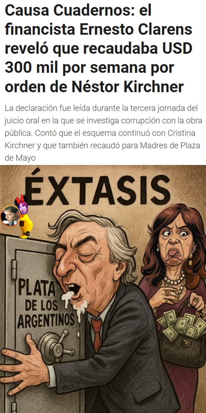 Causa Cuadernos: el financista Ernesto Clarens reveló que recaudaba USD 300 mil por semana por orden de Néstor Kirchner. La declaración fue leída durante la tercera jornada del juicio oral en la que se investiga corrupción con la obra pública. Contó que el esquema continuó con Cristina Kirchner y que también recaudó para Madres de Plaza de Mayo. ÉX